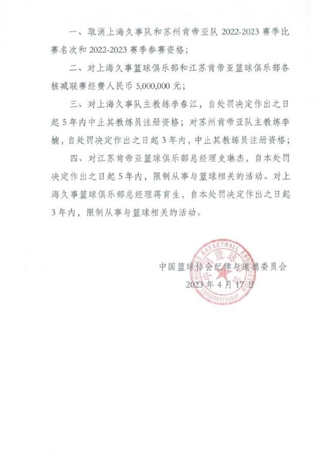 中国篮协：取消苏沪本赛季成绩 李春江被禁赛5年(2)