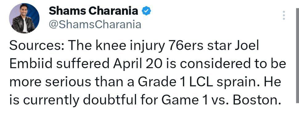 Shams：恩比德右膝伤病可能比外侧副韧带一级扭伤更严重，目前出战和凯尔特人半决