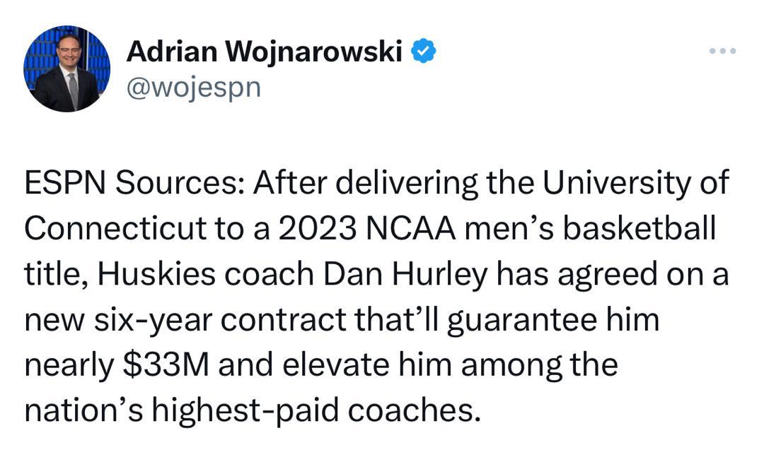 Woj：ESPN消息:在带领康涅狄格大学获得2023年NCAA男子篮球冠军后，哈