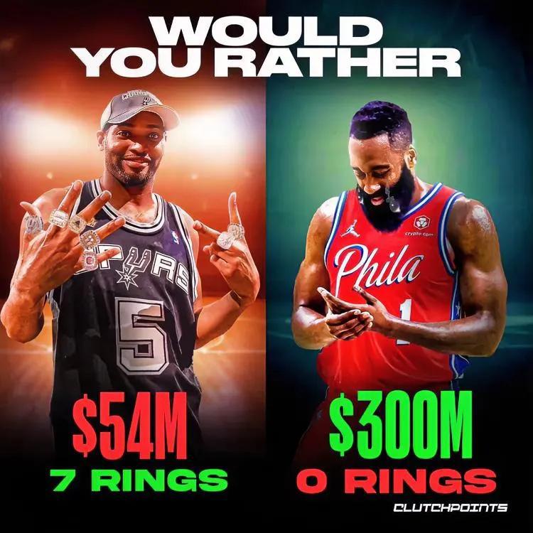 哈登3亿美元0冠和霍里5400万美元5冠你会选择哪个？

哈登职业生涯已经挣到了(1)