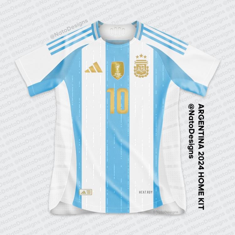 阿根廷2024美洲杯球衣谍照：经典天蓝与白间条衫，配金色队徽号码(2)