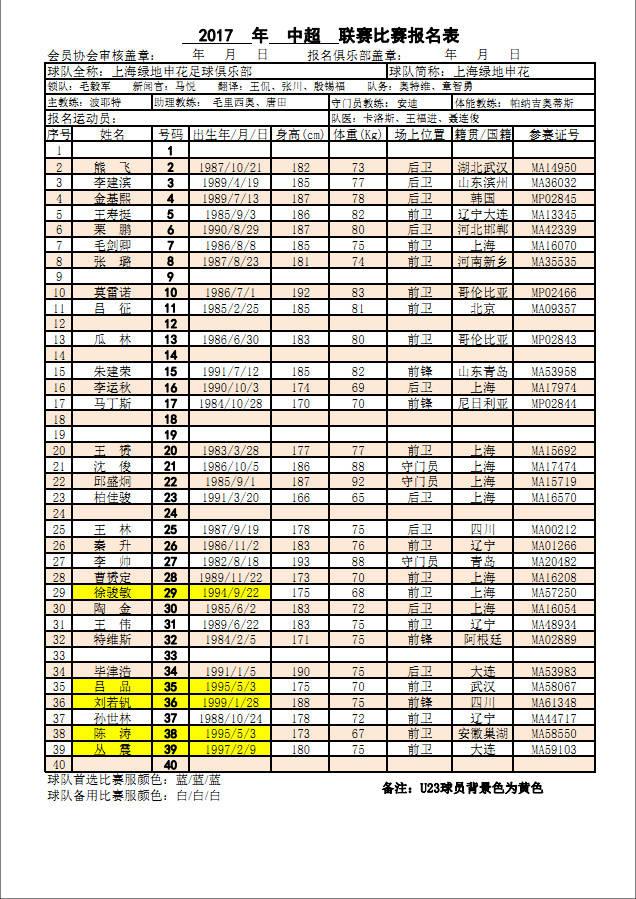 2019年中超报名表 2017年中超联赛球队比赛报名表(13)