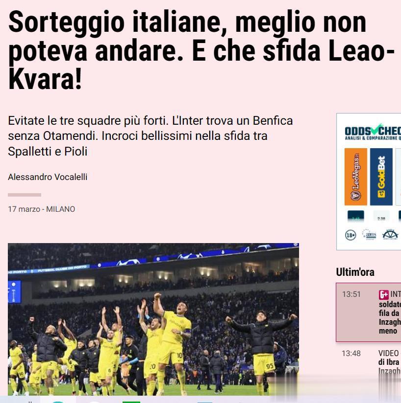 看把意大利媒体乐的。
《米兰体育报》评论：“ 抽签，不能比这更好了！3个意甲队在(2)