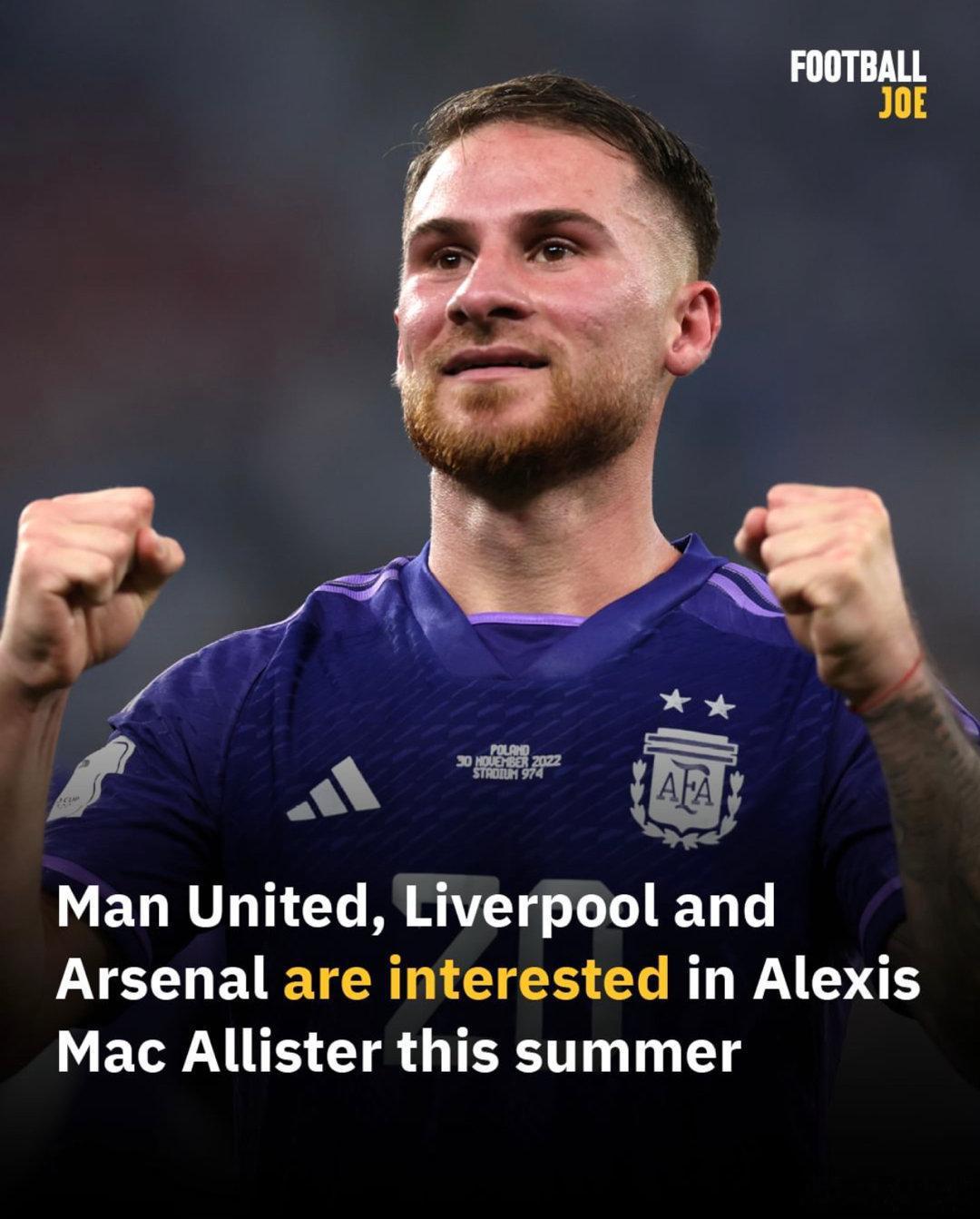 根据英国媒体报道，曼联、利物浦和阿森纳三家豪门都在关注布莱顿的阿根廷中场麦卡利斯