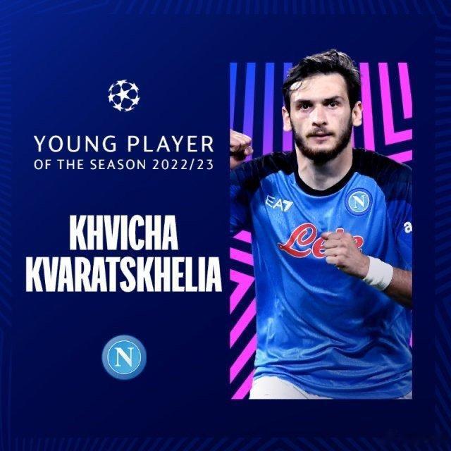 欧冠联赛官方确认，22岁的那不勒斯前锋克瓦拉茨赫利亚当选欧冠赛季最佳年轻球员。本