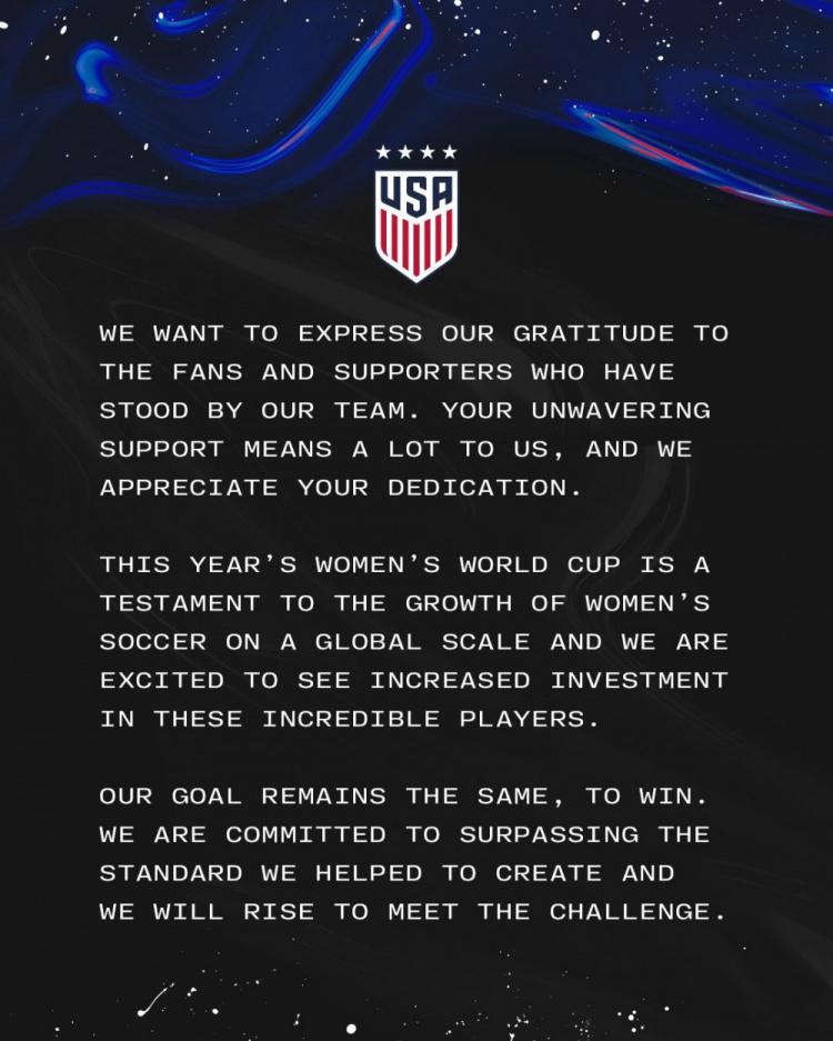 美国女足官方：向球迷表示感谢，我们的目标一直都是胜利(1)