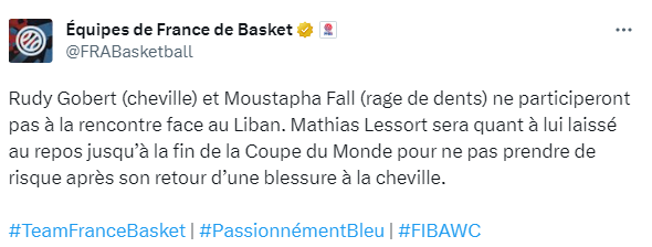 法国篮协官宣：戈贝尔因伤缺战黎巴嫩 无缘16强或提前退出世界杯(2)