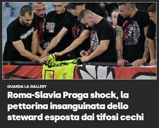 罗体：捷克球迷在罗马主场和安保人员发生冲突，看台秀带血马甲
