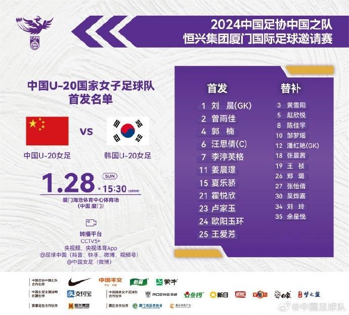 中国U20女足vs韩国U20首发：霍悦欣、刘晨领衔，王爱芳登场(1)