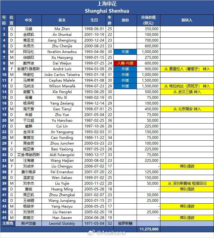 申花超级杯名单：马莱莱领衔5外援，新援谢鹏飞、高天意在列(2)