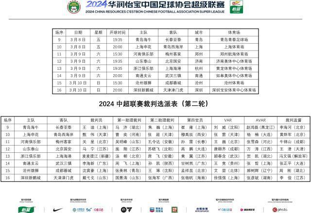 中超第2轮裁判安排：马宁赛季首次亮相吹鲁京大战(1)